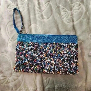 Heavily Beaded Blue Handmade Indonesia Small Clutch Wristlet Wallet Purse YKK